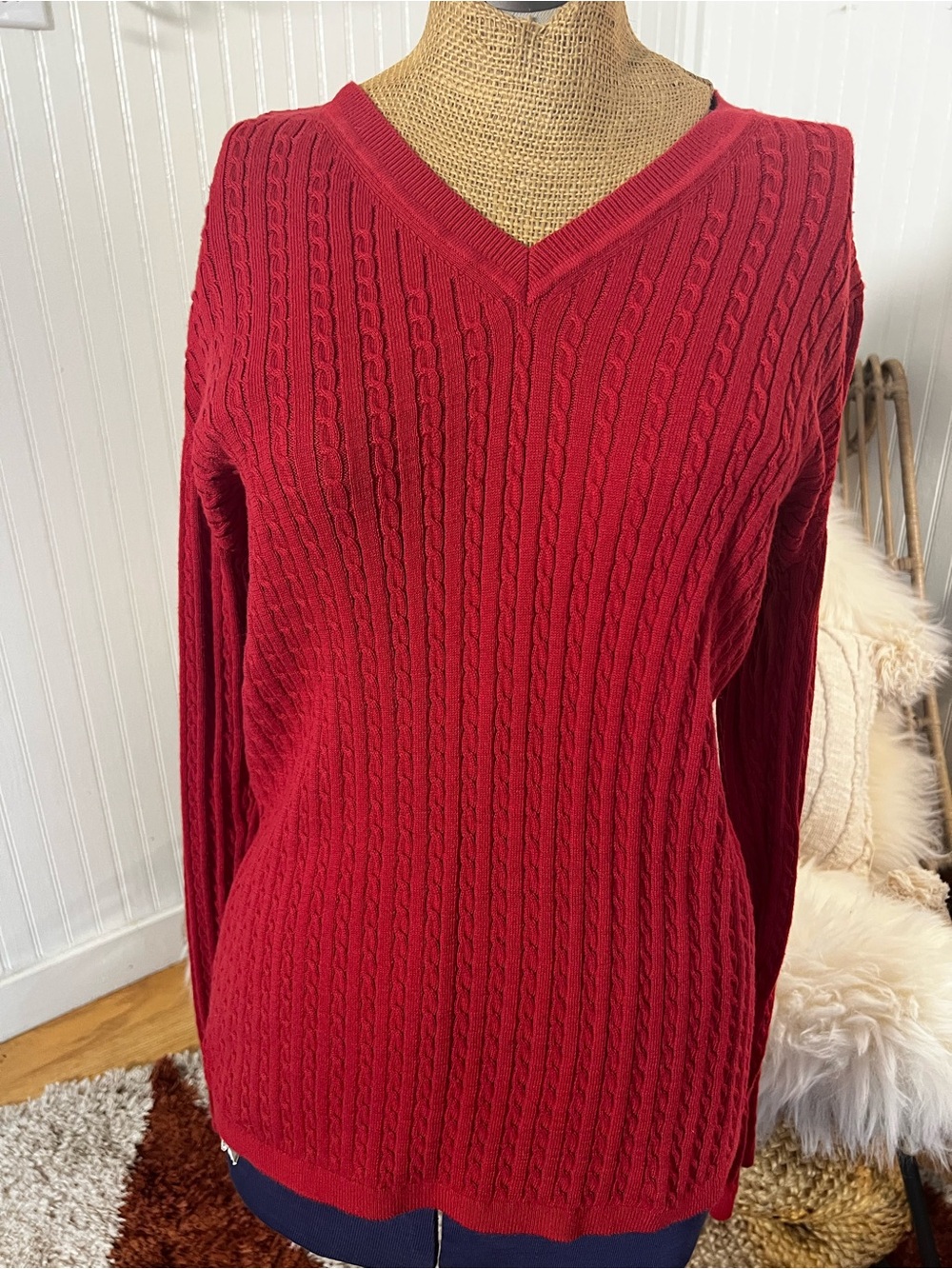 Red Tommy Hilfiger V-Neck Cable Knit Women's Sweater